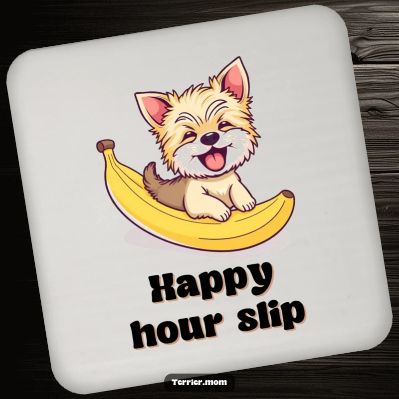 Funny drink coaster with a giggling Terrier dog comically sliding down a banana peel, a humorous coaster for any table.