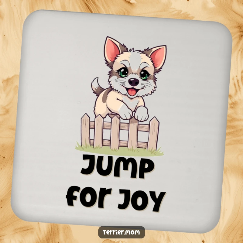 Funny leaping terrier coaster featuring a dog happily jumping over a fence.