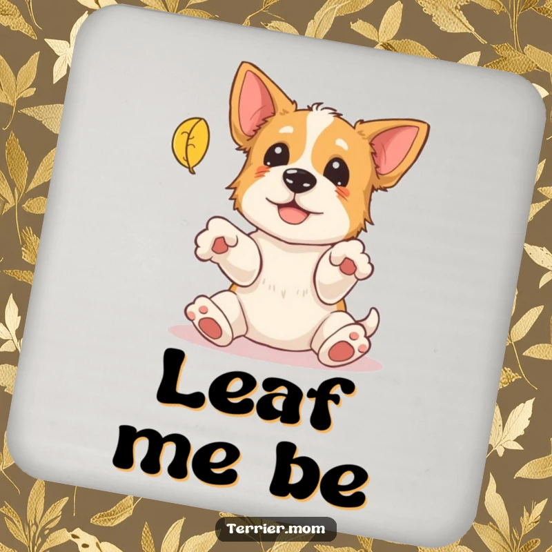 Funny Terrier Coaster: A protective coaster displaying a terrier with paws outstretched humorously trying to catch a falling leaf, adding fall charm.