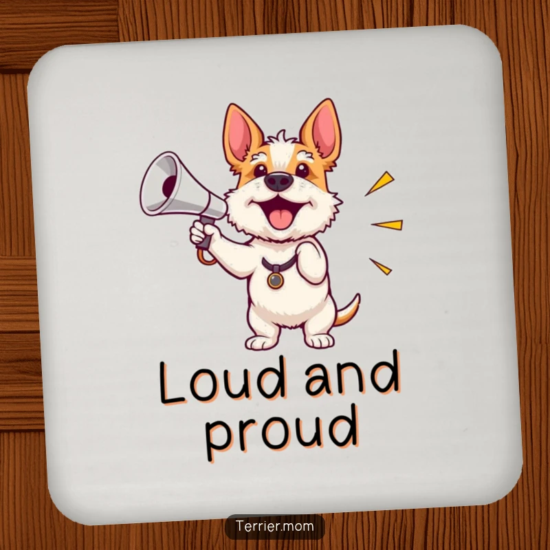 Funny drink coasters with an enthusiastic terrier waving a miniature shiny megaphone, perfect for adding a motivational touch to tabletops.