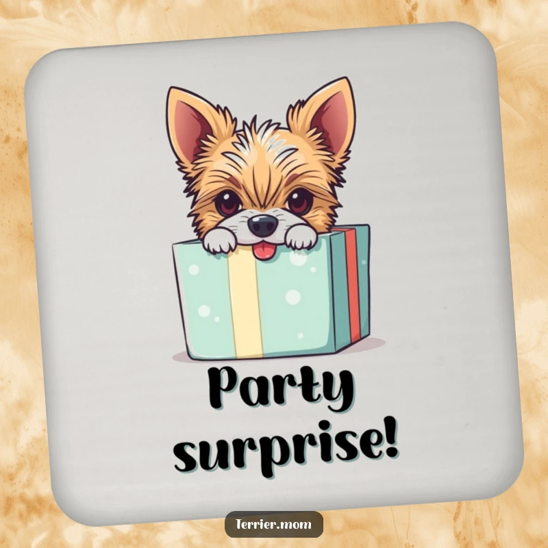 Funny drink coaster depicting a mischievous Terrier dog peeking out of a gift box with wide eyes.