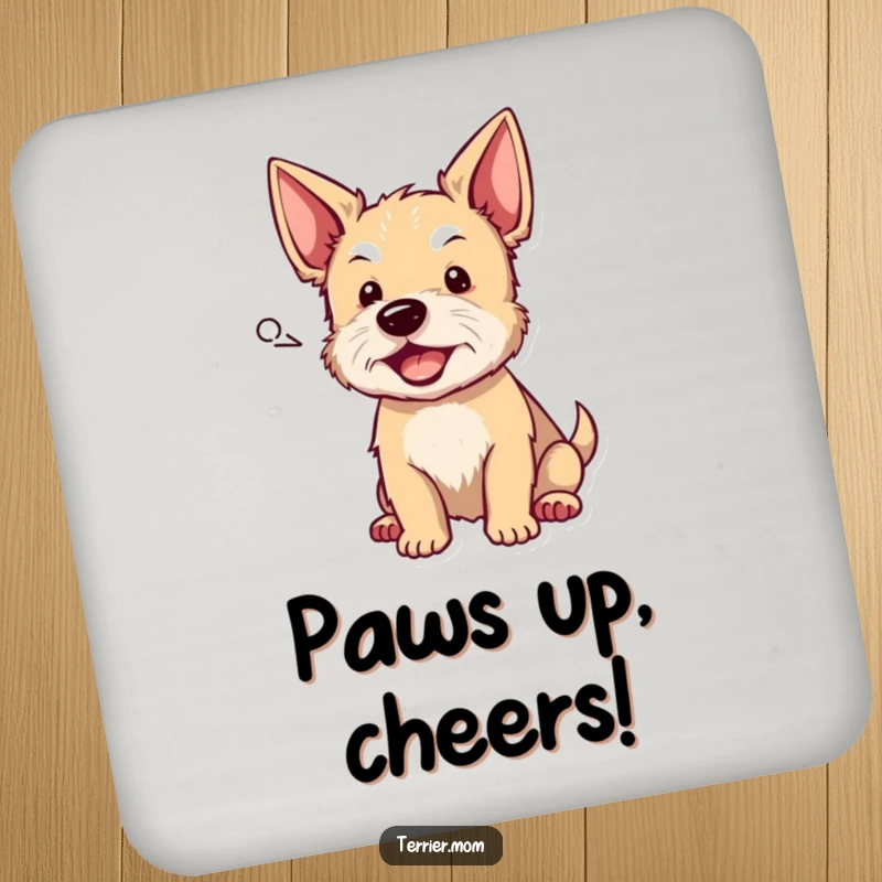 Funny terrier drink coasters with dogs barking from speech bubbles, protecting surfaces with humor and canine charm, a perfect funny gift set.