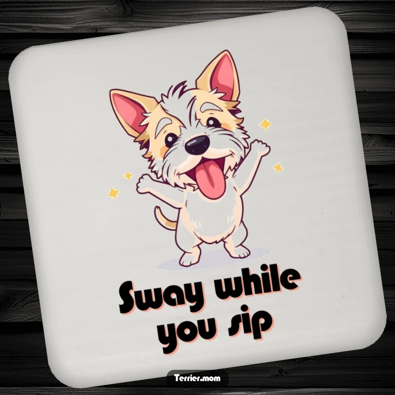 Funny terrier drink coaster depicting a dog dancing wildly with its tongue out, protecting surfaces with humor.