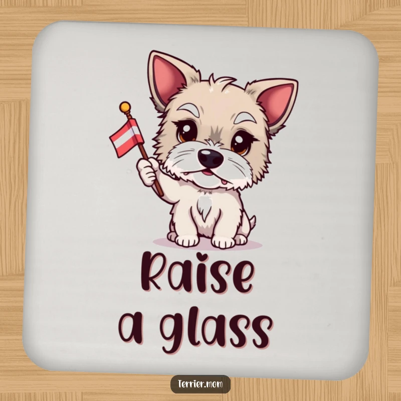 Funny Terrier coaster, proud dog, flag waving, patriotic pet, humorous home accessory, pet drinkware, excellent funny gift.