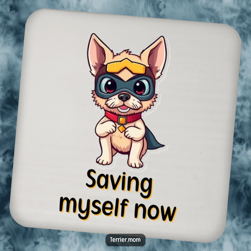 Funny drink coaster with a brave terrier dog in a superhero mask, striking a funny protective pose.