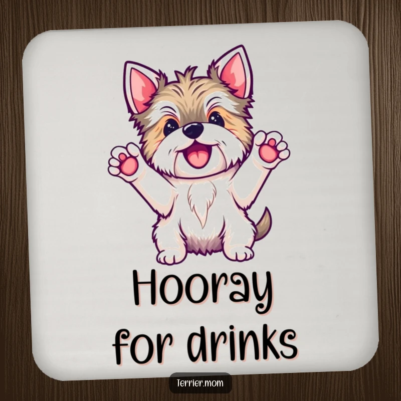 Funny Kawaii Terrier dog coasters set, illustrating the happy character with paws up in a hooray pose, protecting tables with cheer.