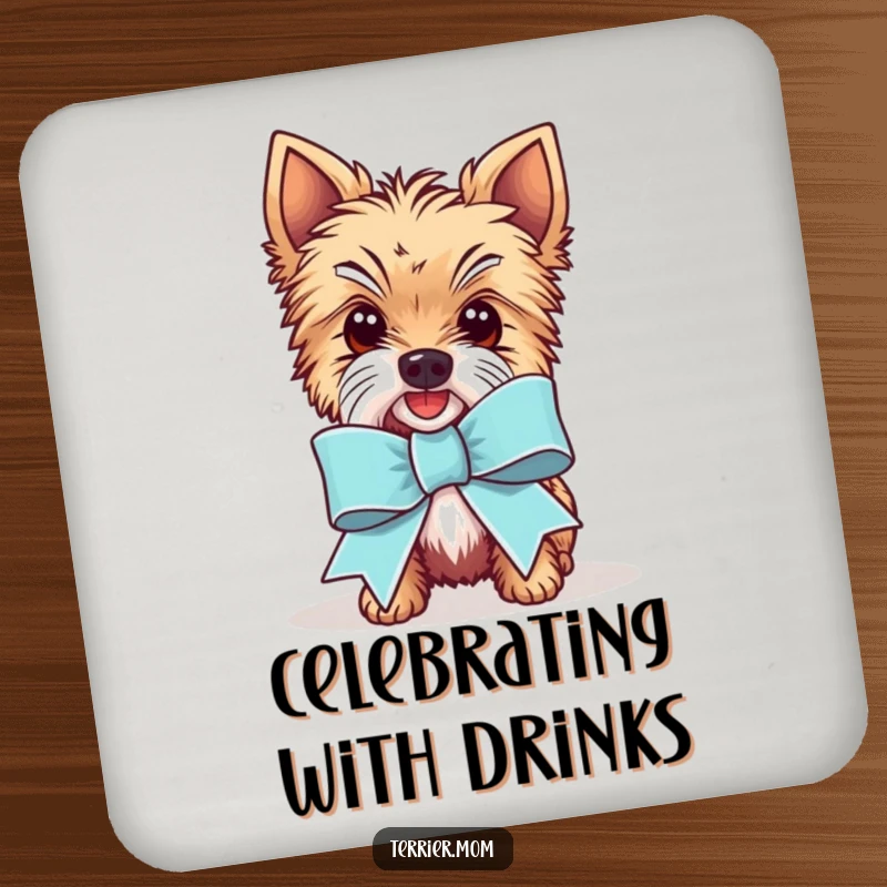 Funny Kawaii Terrier dog coasters set, illustrating the happy character with a comically large celebration ribbon, protecting tables with flair.