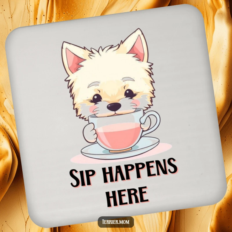 Funny drink coaster featuring a serene Terrier dog sipping from a tiny teacup, adding a touch of elegant humor to any surface.
