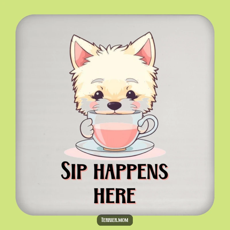Funny Terrier Dog Coaster: Contented Sips Tiny Teacup Drink Gift