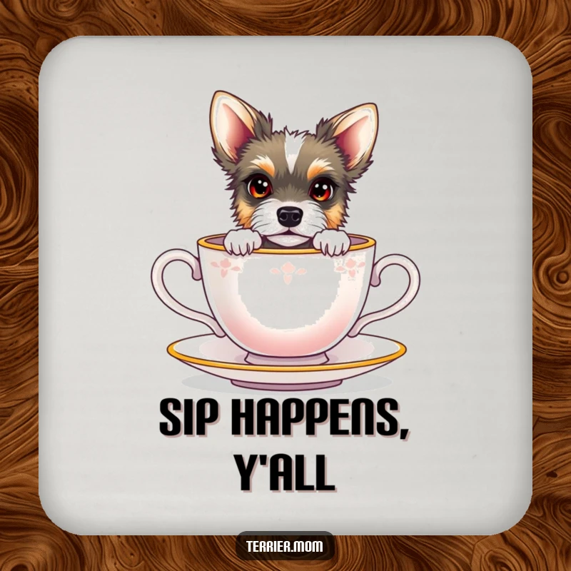 Funny terrier with bright eyes peeking from a miniature teacup, on a protective drink coaster.