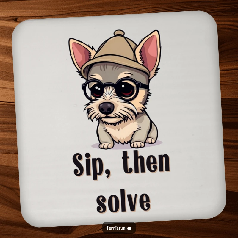 Funny detective terrier coaster depicting a dog in a tiny hat, peering closely, protecting surfaces with canine investigation and humor.