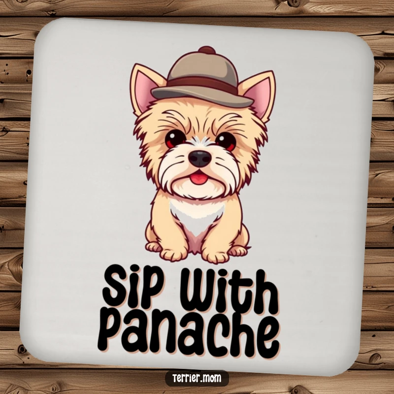 Funny Kawaii Terrier Dog Coaster featuring a cute dog wearing a small, jaunty hat, protective and stylish.
