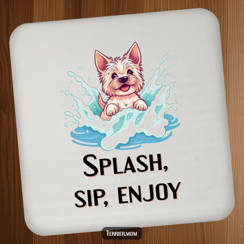 Funny terrier drink coasters with a dog splashing in a foamy wave, perfect for adding beachy protection to surfaces.