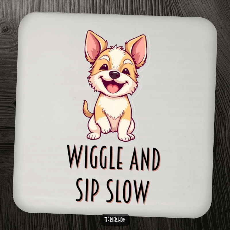 Funny terrier with floppy ears wiggling its whole body on protective drink coasters, bringing enthusiastic doggy charm.