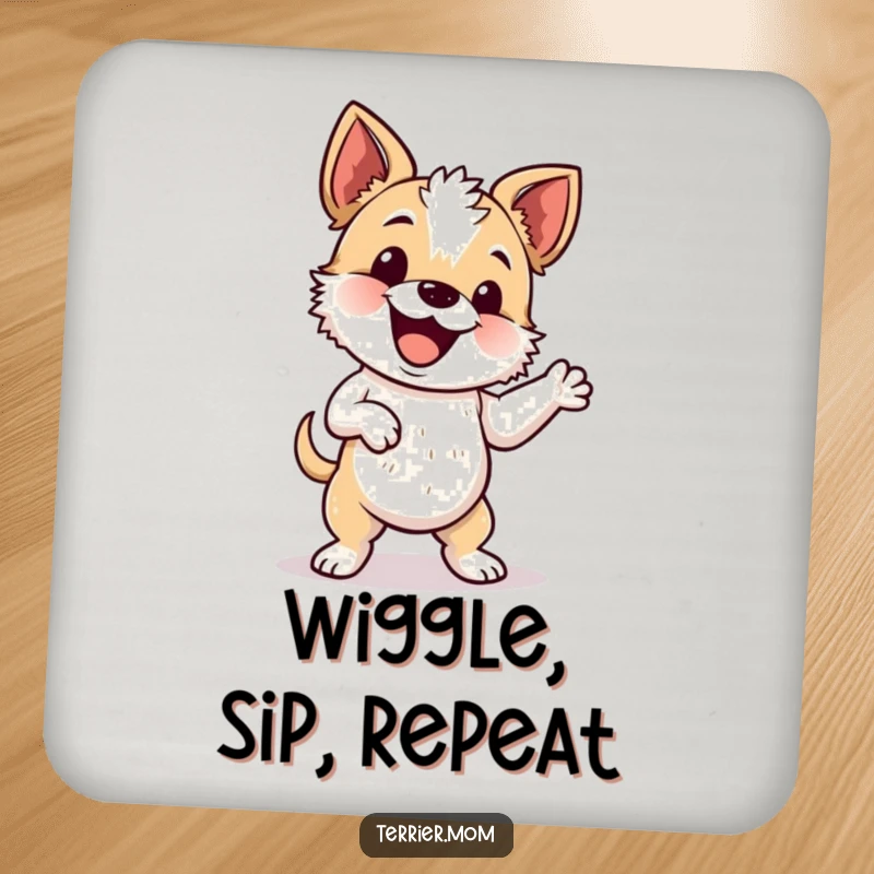 Funny drink coasters featuring an energetic terrier doing a silly wiggle dance.