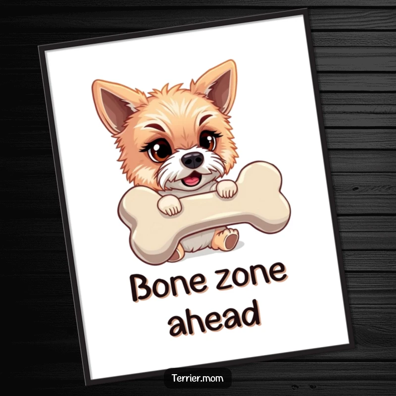 Funny poster art of a mischievous terrier proudly posing with an enormous bone, exuding playful mischief and canine joy.