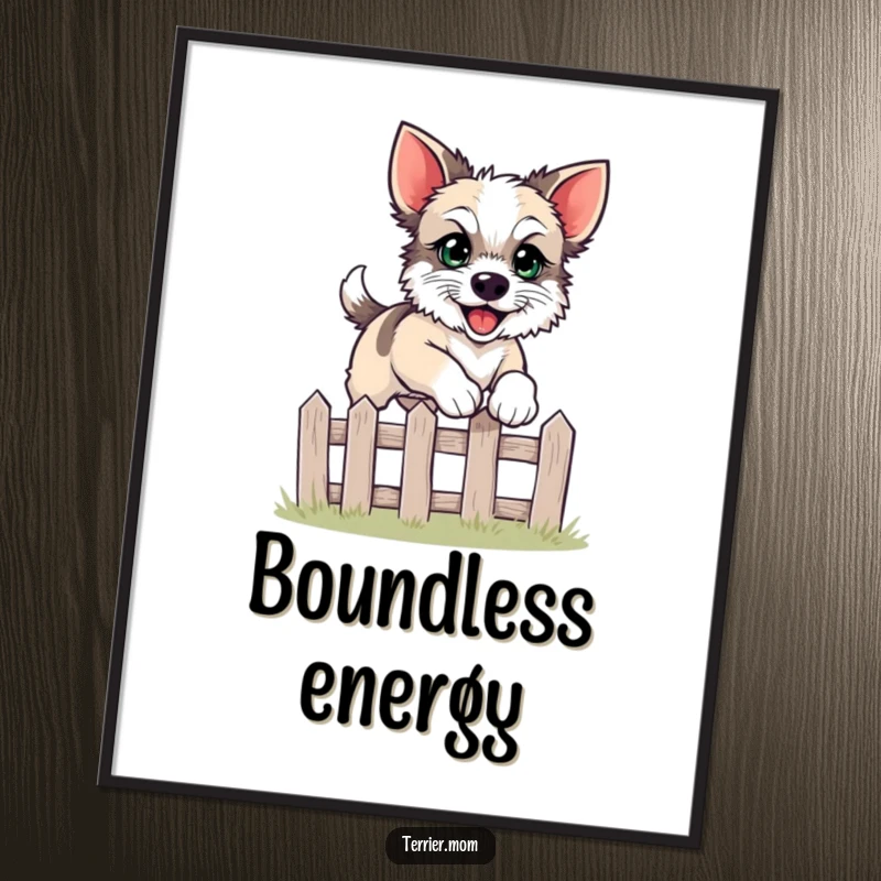 Funny leaping terrier poster illustrating a dog with bright eyes happily jumping over a fence.