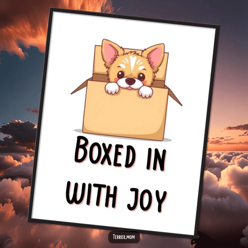 Funny poster depicting a terrier curiously peeking out from inside an empty cardboard box.
