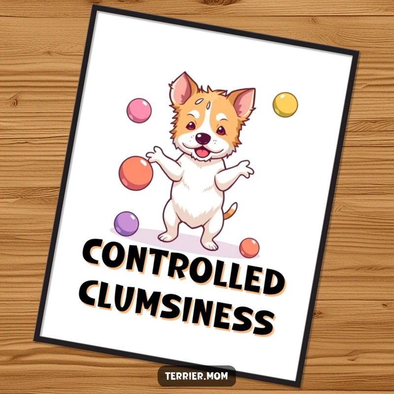 Funny terrier poster of a dog clumsily attempting to juggle bouncy balls, showcasing a humorous lack of skill.