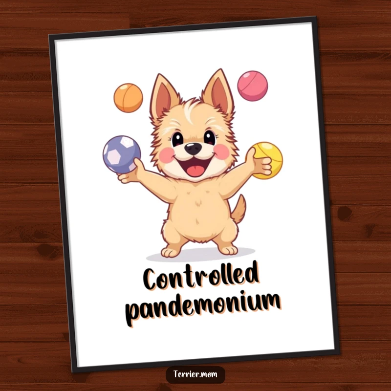 Funny Poster depicting a happy Terrier dog skillfully juggling four bright, bouncing balls, showcasing talent and a cheerful demeanor.