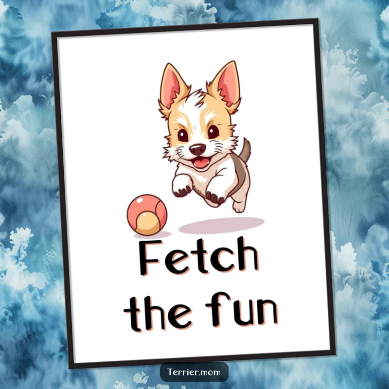 Funny poster art of a kawaii terrier with perky ears in full chase mode, humorously pursuing a bouncing ball with infectious enthusiasm.
