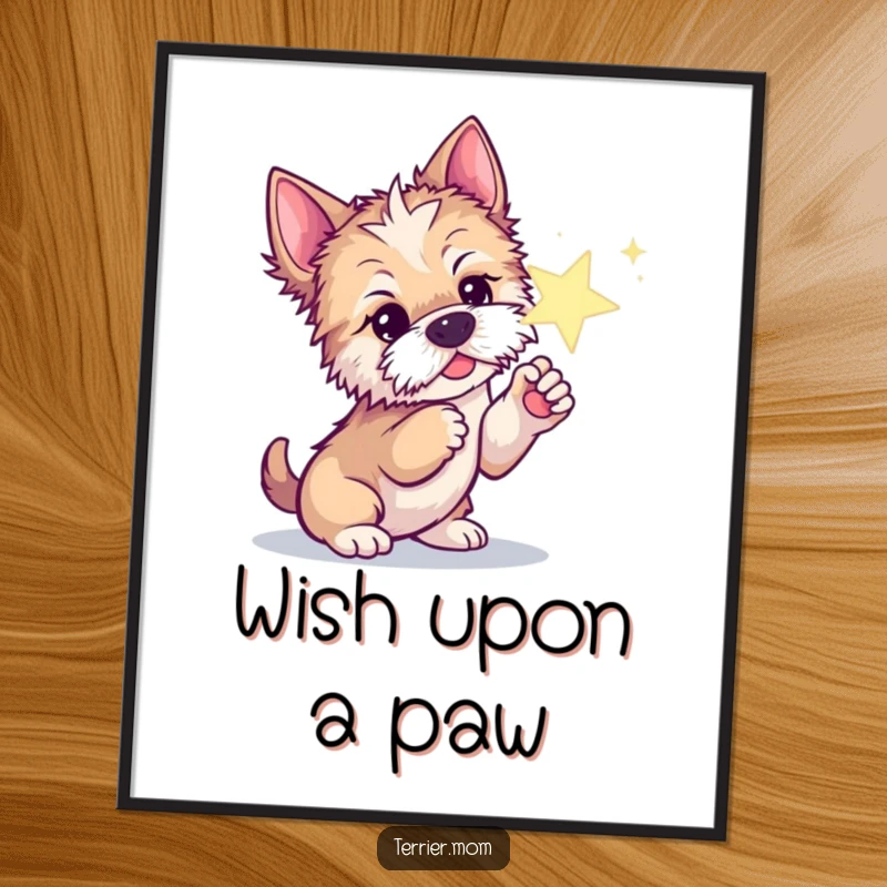 Funny poster art featuring a curious Terrier dog reaching out to touch a sparkling star with its paw.