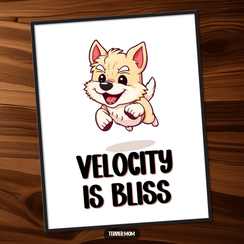 Funny Poster featuring an energetic Terrier dog sprinting with a determined, happy grin, capturing the essence of joyful movement.