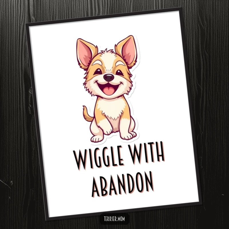 Funny terrier with floppy ears wiggling its whole body with excitement, displayed as a vibrant and happy poster.