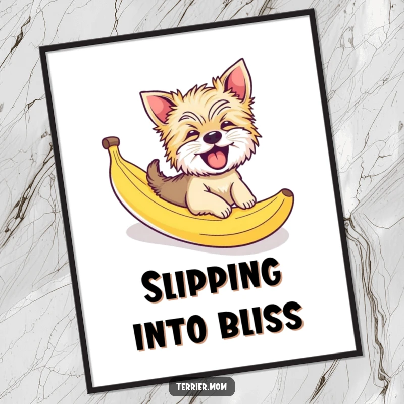Funny poster print of a giggling Terrier dog comically sliding down a banana peel, a delightful and humorous piece of art.