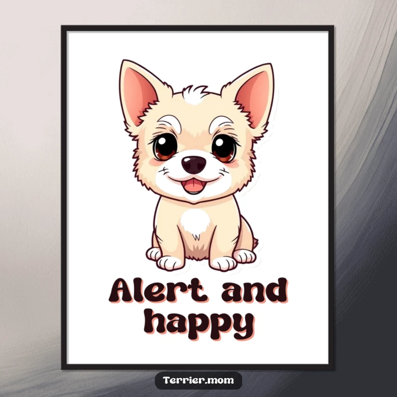 Funny Kawaii Terrier dog poster, featuring an alert and happy dog with pointy ears, ideal wall art for spreading cheer and humor.