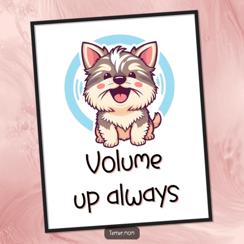 Funny Kawaii Terrier Dog Poster showing a cute dog whose cheerful bark is visualized as a sound wave, vibrant and artistic.
