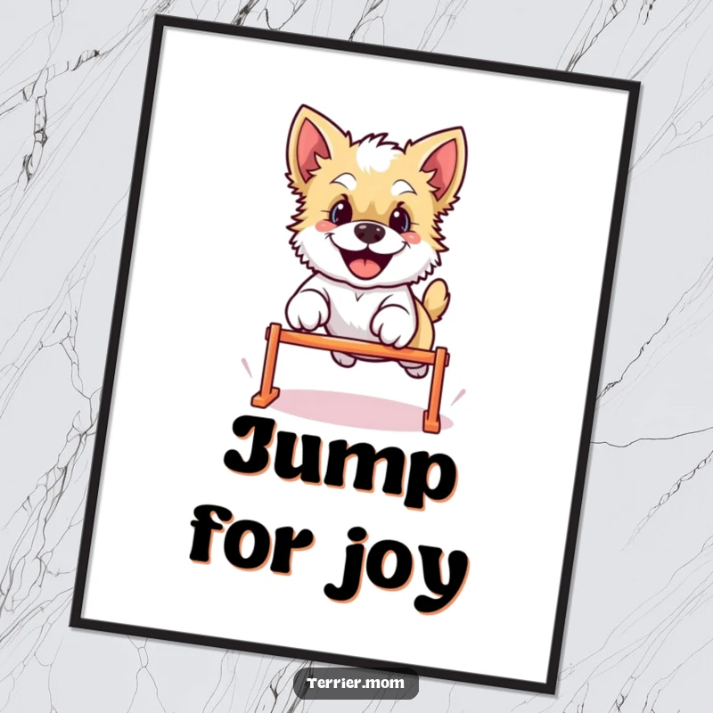 Funny Kawaii Terrier dog poster, depicting the happy character leaping gracefully over a miniature hurdle, radiating infectious enthusiasm and charm.