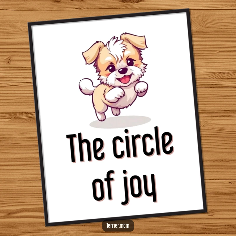 Funny Kawaii Terrier dog poster, vibrant and amusing, showing a playful dog chasing its tail in circles, ideal wall art.
