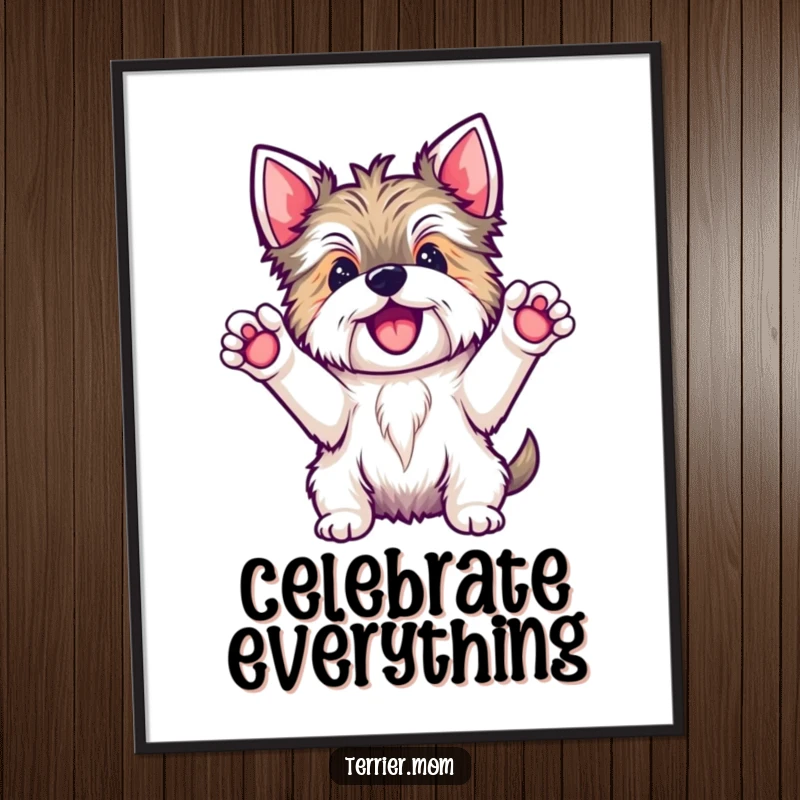 Funny Kawaii Terrier dog poster, depicting the happy character with paws raised high in a grand hooray gesture, full of celebratory energy.