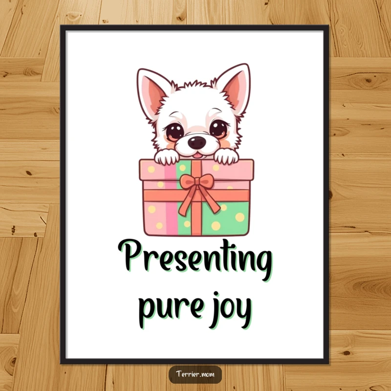 Funny Poster of a kawaii terrier peeking from a colorful gift box, adding a touch of adorable charm to any room.