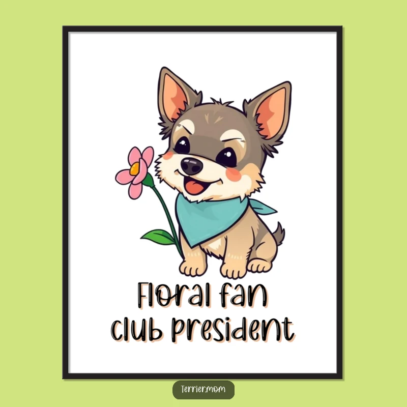 Funny Terrier Bandana Poster: Joyful Flower Sniffing Dog Art Print, Gift