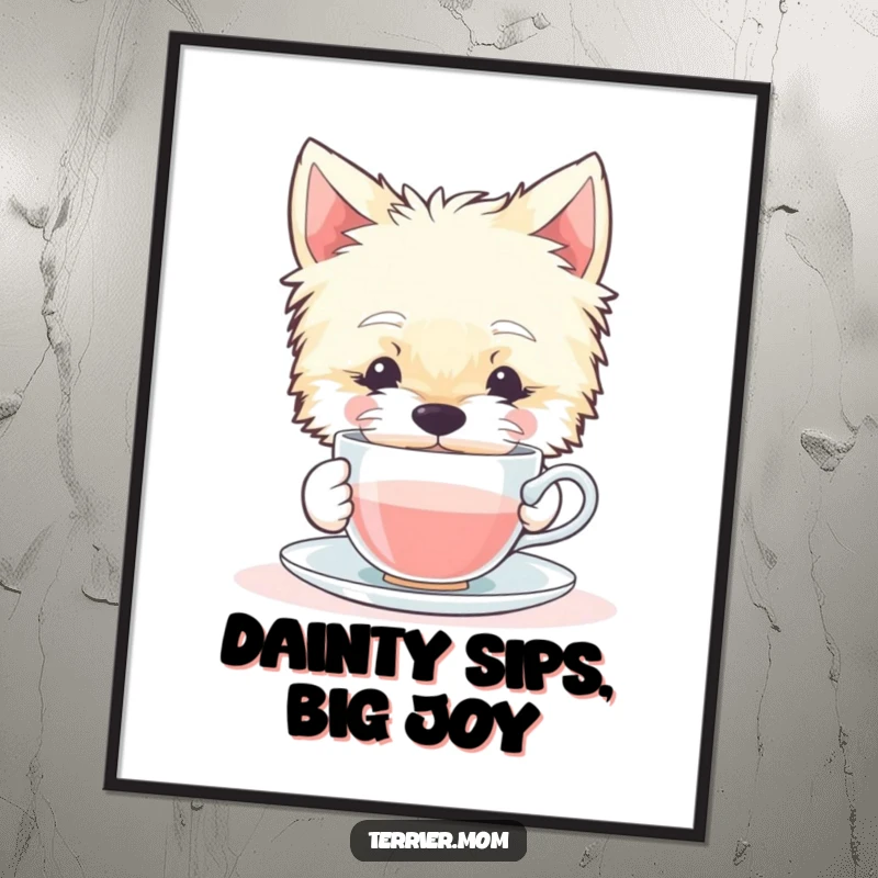 Funny poster art of a peaceful Terrier dog delicately sipping from a tiny teacup, evoking a sense of serene contentment and style.