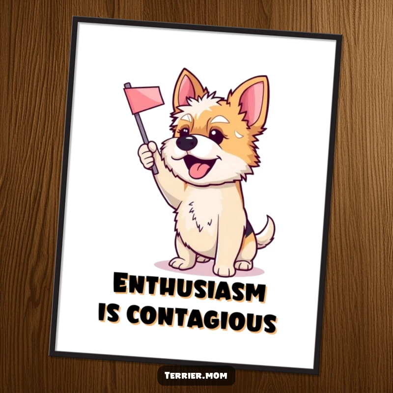 Funny poster art of an ecstatic Terrier dog enthusiastically waving a small flag, capturing a moment of pure, unadulterated joy.