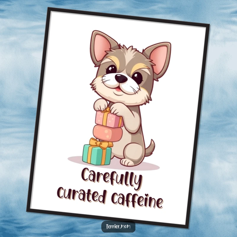 Funny terrier poster featuring a dog precariously balancing a tower of small, round gifts, showcasing a humorous feat.