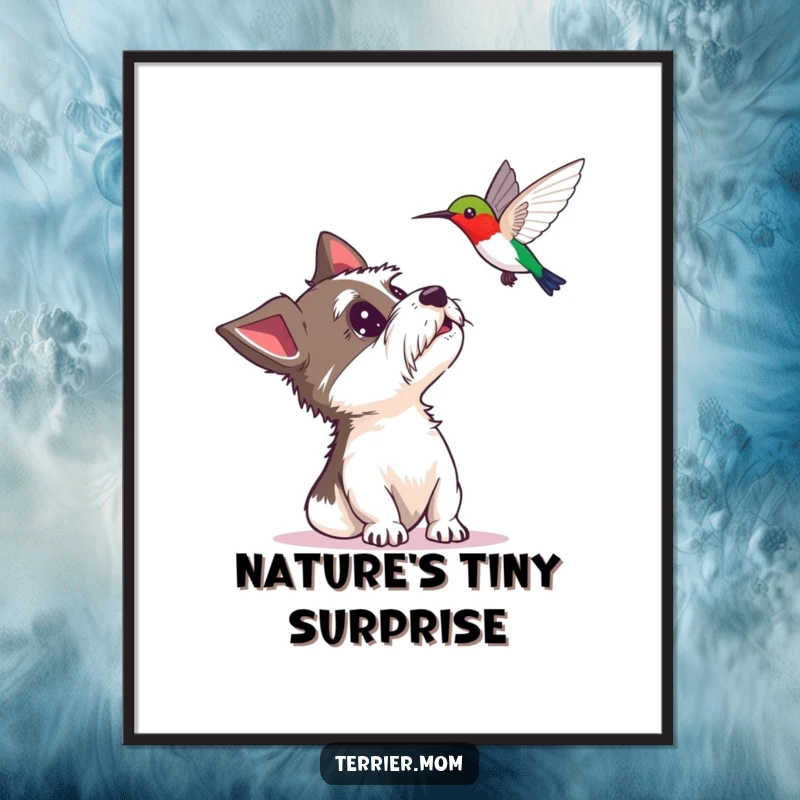Funny poster print of a terrier looking up with delighted surprise at a hovering hummingbird, perfect wall art for animal lovers.