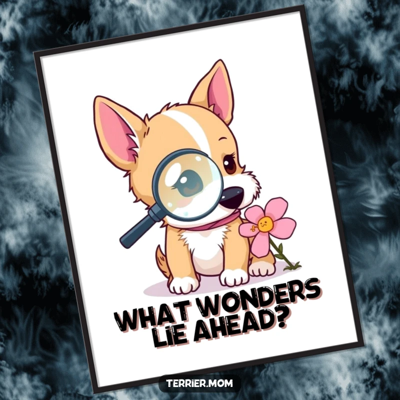 Funny terrier poster depicting a dog with a magnifying glass examining a flower, adding a humorous and inquisitive element to wall decor.
