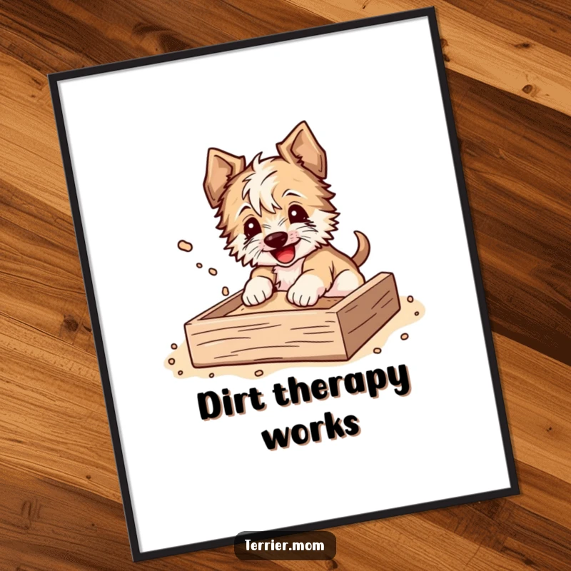 Funny Poster of a terrier joyfully digging in a sandbox, dirt flying happily, a vibrant and humorous piece of art.