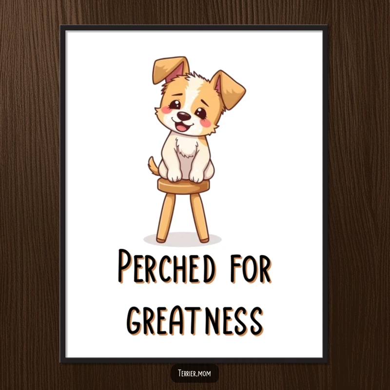 Funny Poster: A vibrant poster depicting a joyful terrier with floppy ears bursting into giggles while balancing on a stool.