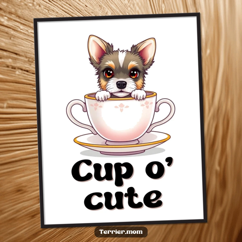 Funny terrier with bright eyes peeking out from a miniature teacup, presented as a wall art poster.