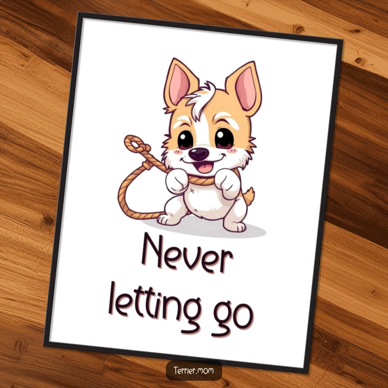 Funny tug-of-war terrier poster illustrating a determined dog joyfully pulling on a rope.