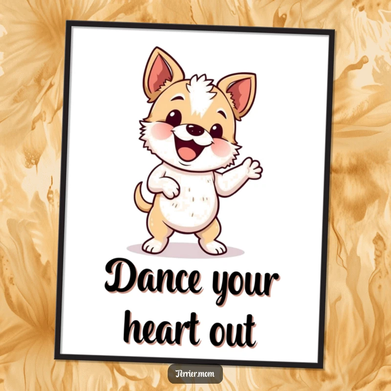 Funny poster depicting an energetic terrier performing a silly and joyful wiggle dance.