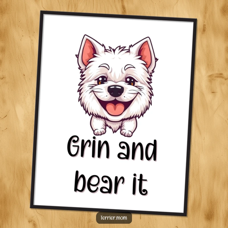 Funny poster depicting a terrier's large, goofy, panting grin, radiating happiness and perfect wall art.