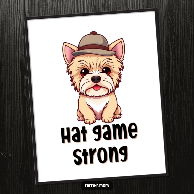 Funny Kawaii Terrier Dog Poster showing a cute dog wearing a small, jaunty hat, dapper and decorative wall art.