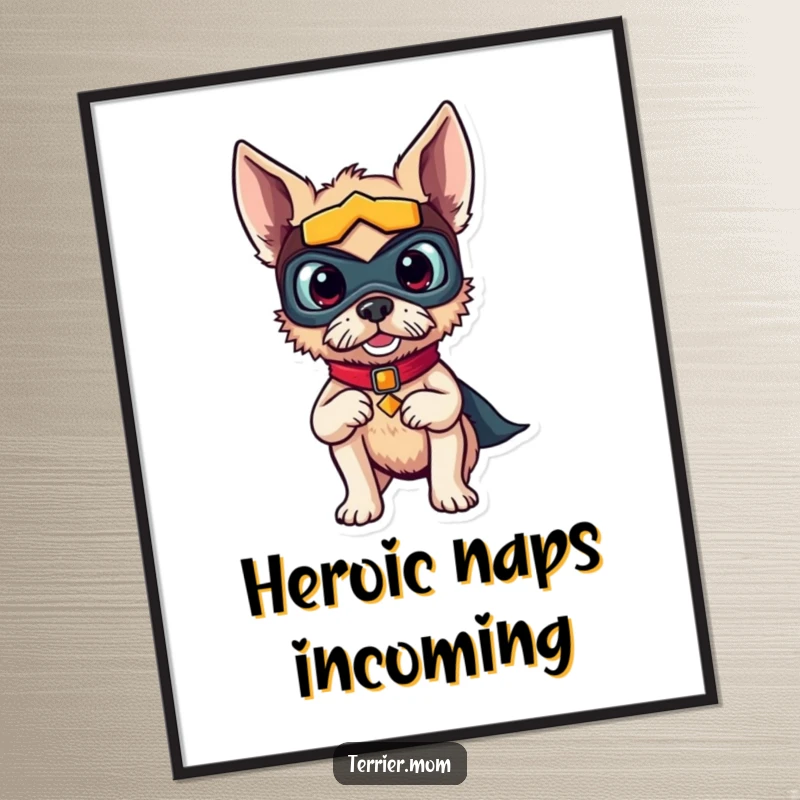 Funny poster art of a brave terrier dog wearing a superhero mask, striking a dynamic and funny pose.