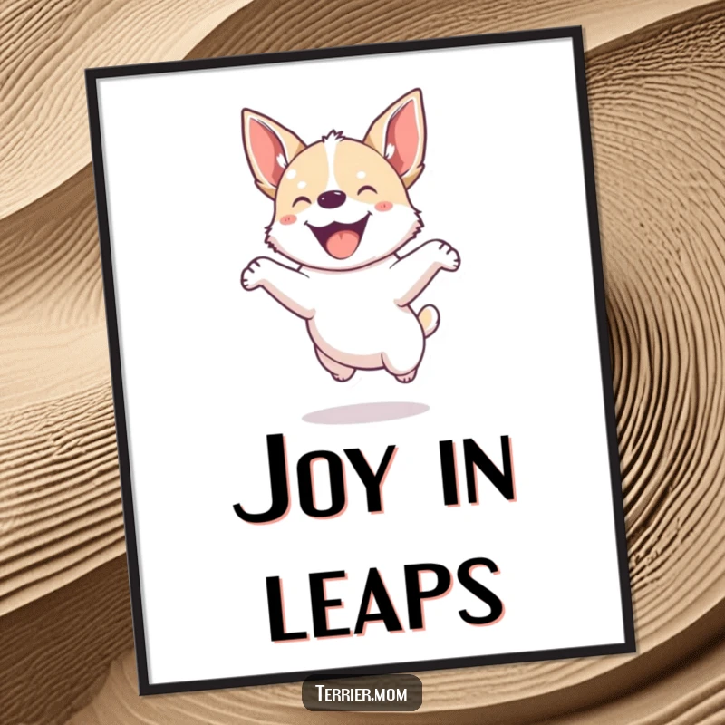 Funny poster of a small, energetic dog with pointed ears in mid-air, jumping joyfully with excitement.